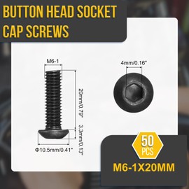 DTGN M6-1x20mm Button Head Socket Cap Screws - 50Pack - Good for Road Bicycle, Mountain Bike, Auto, Motorcycle - Carbon Steel Black Oxide - Hex Drive Fasteners