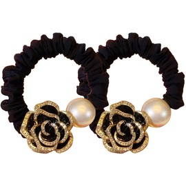 Wenlly 2 Pieces Fashion Flower Crystal Rhinestone Hair Ties, Elastic Hair Bands Hair Ropes, Ponytail Holders for Women Girl Hair Accessorie