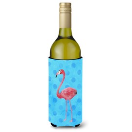 Caroline's Treasures BB8186LITERK Flamingo Blue Polkadot Wine Bottle Hugger Bottle Cooler Sleeve Hugger Machine Washable Collapsible Insulator Beverage Insulated Holder