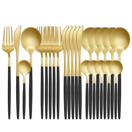 LYFJXX Gold Black Silverware Set, 24 pcs Gold Flatware Set for 6, Black and Gold Flatware, Stainless Steel Silverware Set,Kitchen Cutlery Sets, Include Knives/Forks/Spoons Gold/Black