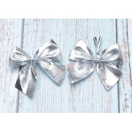 SOWAKA 50 Pcs Mini Bow for Christmas Trees Decoration Small Metallic Foil Wrapped Boutique Ribbon Twist Ties Bows for Party DIY Sewing Gift Wrapping (Silver)
