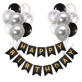 Balloons Birthday Decoration Set, Black Silver Birthday Decoration Happy Birthday Decoration Banner Party Decoration Birthday Set with Black Silver Latex Balloons Confetti Balloons (BK+ SR)