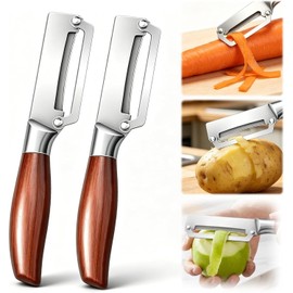 2Pcs 2 in 1 Multifunctional Vegetable Peeler for Kitchen with Wooden Handle and Bottle Opener, Premium Stainless Steel Blade Kitchen Tool for Potato Fruit