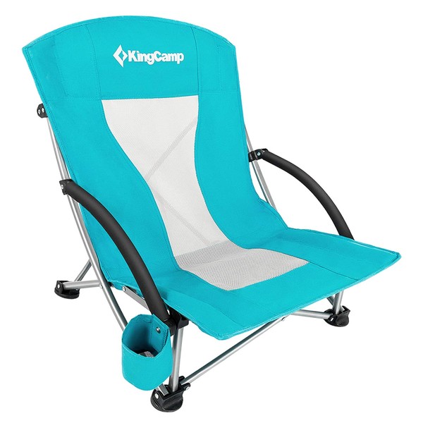KingCamp Low Profile Folding Portable Lightweight Sand Beach Chairs for Big Boy with Cup Holder,Carry Bag Padded Armrest for Outdoor Camping Lawn Concert Traveling Festival, One Size, LowBack_Cyan