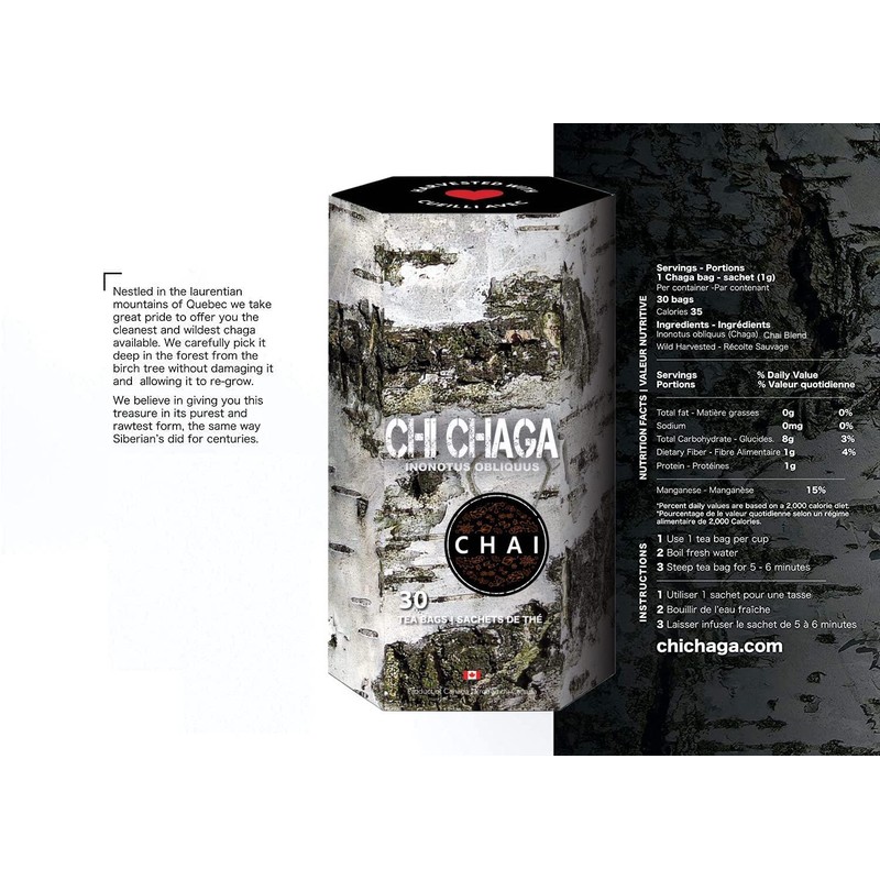 Premium 100% Wild Harvested Chaga Chai Blend - 30 Tea