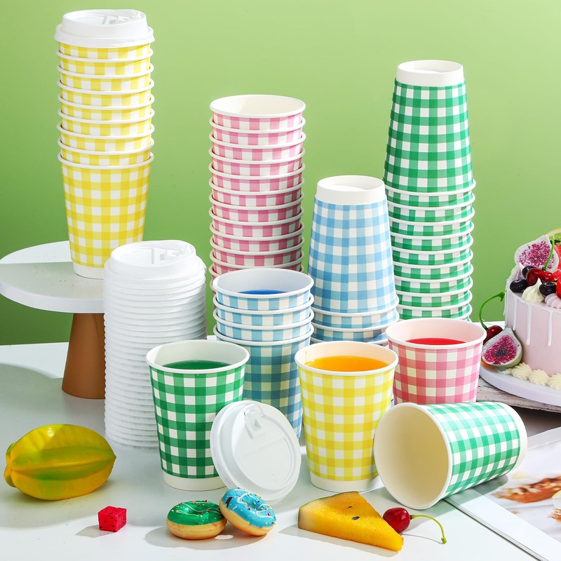 FoldTier 60 Pcs 12 oz Gingham Paper Drinking Cups 4