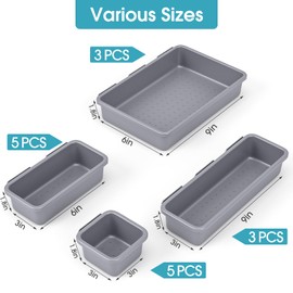 16 PCS Drawer Organizer Set, 4 Size Makeup Drawer Divider Organizer With Non-Slip Pads, Interlocking Plastic Storage Bins for Office,Jewelry Vanity,Gadgets, Bathroom,Kitchen, Grey