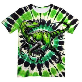 UGTEWXU Kids Green Tie Dye Shirt for Girls Boys Dinosaur Shirts Velociraptor T-Shirt Hippes Tee Size 6-16 Years Age Medium