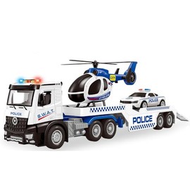 WEMOKA Police Truck Toys for Toddler Boy 3 4 5 6 Year Old, 22.5" Semi Truck Toy with Racing Car and Helicopter, Openable Doors, Realistic Sounds and Lights, Birthday Gifts for Kids Child