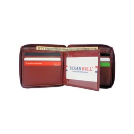Texan Bull RFID Blocking Bifold Cowhide Leather Wallets For Men With Zipper Security | Safe Metal Zip Chain 9 Card-ID Slim Minimalist Mens Wallet (Burgundy)
