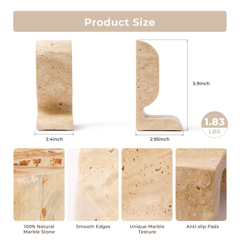 WORHE Travertine Bookends Decorative, Marble Decorative Bookends for Shelves, Heavy-Duty