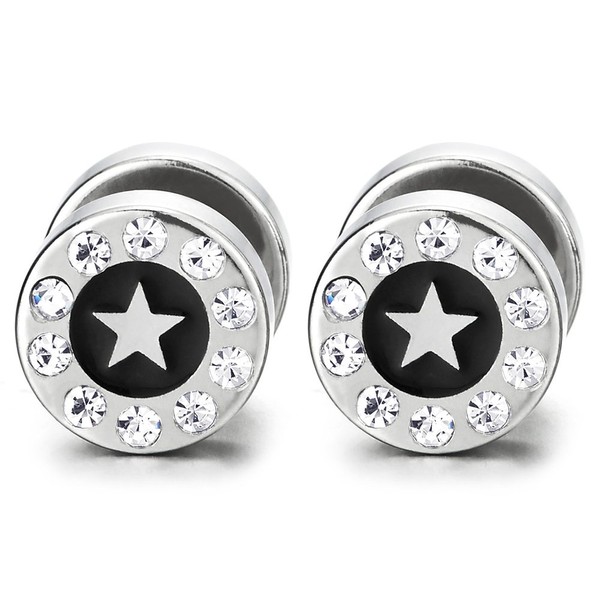 10MM Circle Star Stud Earring CZ Black Enamel, Men Women,
