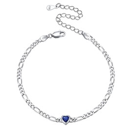 ChicSilver Heart Bracelet for Women Girls, 925 Silver Bracelet, Also as Anklet, Boho Bracelet with Birthstone, Figaro Chain Bracelet for Girlfriend, Wife, Daughter, Sterling Silver, Cubic Zirconia