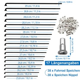 sinzau 38-Piece Stainless Steel Bicycle Spoke Mountain Bike Spoke with Spoke Nipple Black 258-283 mm