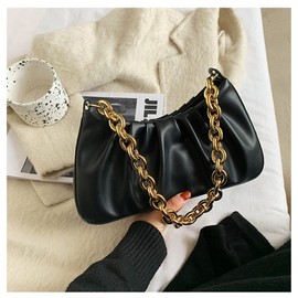 JOLLQUE Shoulder Bag for Women,Small Leather Dumpling Bags Handbag Purse,Gold Chain Evening Clutch Purses with Heavy Aluminum Metal Chain(Black)
