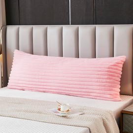 Uhamho Large Bed Body Pillow Covers 1 Pack Lumbar Striped Pillowcase Modern Home Decorative Soft Faux Rabbit Fur and Velvet Back 21x 54 Inches Zipper Closure, Pink