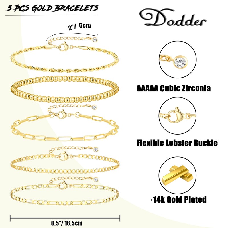 Gold Bracelets for Women, Dainty 14K Gold Plated Stackable Link,