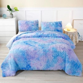 WINLIFE Shaggy Bedding Comforter Set Faux Fur Flannel Furry Comforter Microfiber Plush Comforter Sets Pastel Gradient Ombre Tie Dye Multicolor Bedding for Girls Adults (3Pcs, Queen, Purple Blue)