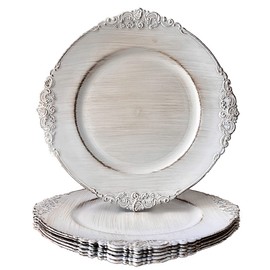 Umisriro Antique White Charger Plates, 13 Inch Embossed Chargers for Dinner Plates. Set of 6 Plastic Charger for Wedding, Party,Elegant Tableware Chargers Decoration.