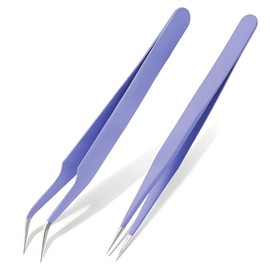 Eyelash Tweezers, False Eyelash Tweezers, 5 Colors, 2 Pieces, Stainless Steel, 2 Types Included, Curtio/Straight Head, Precision Design, Easy to Use (Purple)