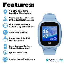 Seculife GPS Tracker for Kids Real-Time Tracking Device with SOS Button & 2-Way Speakerphone - Safety Electronics for Kids, Special Needs, Autism (Blue Smartwatch)