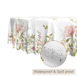 TTQYFNM Spring Summer Floral Round Tablecloth 54 Inch Watercolor Pink Flowers Botanical Plants Decorative Table Cover Washable and Reusable Fabric Table Cloth for Kitchen Dining Room Home Decor