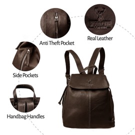 Woodland Leathers Genuine Leather anti theft backpack for women, Medium Brown and Black ladies backpack handbags ruck sack, Waterproof with Antitheft Zipper (Brown)