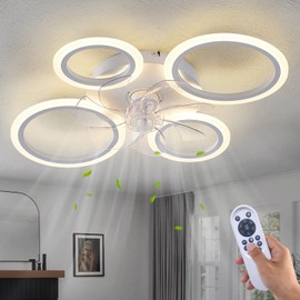 HuixuTe Geometric Ceiling Fan with Lights Remote Control, 3 Colors 6 Speeds 26" White Bladeless Ceiling Fan, Low Profile Ceiling Fan with Light for Kitchen Bedroom