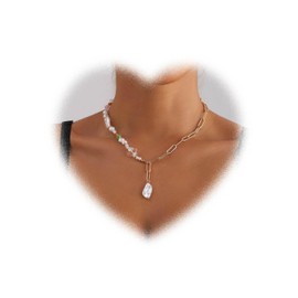 Crymystal Paper Clip Pearl Necklace Retro Chain Baroque Culture Pearl Pendant Choker Necklace Gold Chocolate Fashion Retro Charm Women's Valentine's Day Jewelry