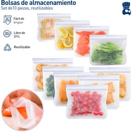 Bluelander Bolsas de Almacenamiento Reutilizables, Kit de 10 Bolsas Herméticas para Alimentos, Sin BPA, Ideal para Congelador, Almuerzo, Ideal para Carne, Verduras, Frutas, Producto Ecológico