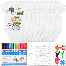 Tigvio Pack of 10 Bodysuits for Baby Shower, White Baby Bodysuit for Painting for Baby Shower Games, Bibs for Painting Set with Baby Bodysuit Short Sleeve (38 x 21 cm) + 14 Textile Pens + 5 Stencils
