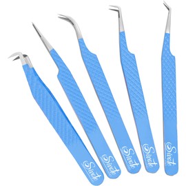 SIVOTE Lash Tweezers for Eyelash Extensions, Pack of 5 Blue – Lash Extension Tweezers Set with Diamond Grip, Precision Fiber Tip for Volume Tweezers Eyelash Extensions