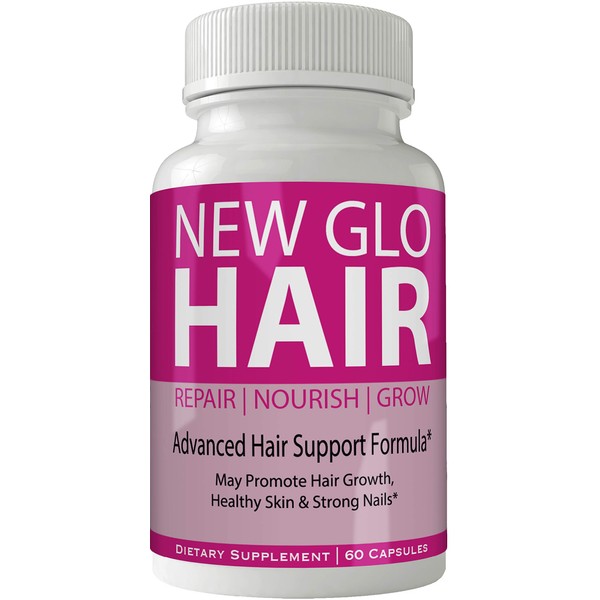 New Glo Hair Skin and Nails Supplement - Advanced Unique Hair Growth Vitamins and Minerals with Biotin - Gluten Free 60 Capsules - Hair Lash Skin and Nails Extra Strength Formula Growth Booster