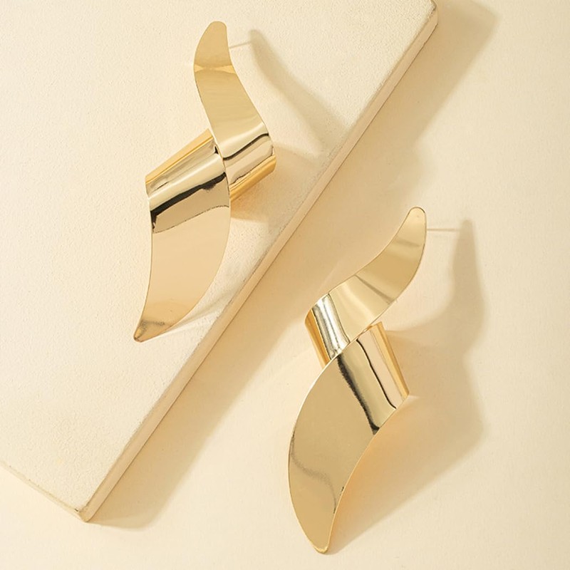 Chunky Geometric Twisted Statement Earrings for Women, Exaggerated 14K Gold