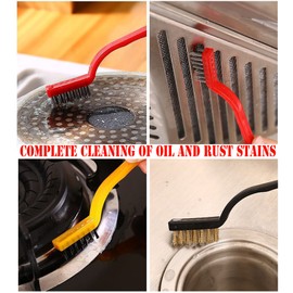 ZAOIIZ 5Pcs Kitchen Stove Cleaning Brush + Scraper Tool Set, Brass, Stainless Steel and Nylon Brush Head Brushes for Range Hood Grease Grime, Heavy Duty Scraper for Gas Burners Cooktop Pot Pan