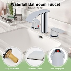 M OUDEMEI 3 Holes Waterfall Bathroom Faucet, 8 Inch Widespread Bathroom Sink Faucet, Two Handles Lavatory Vanity Sink Faucets with Pop-up Drain (Chrome)