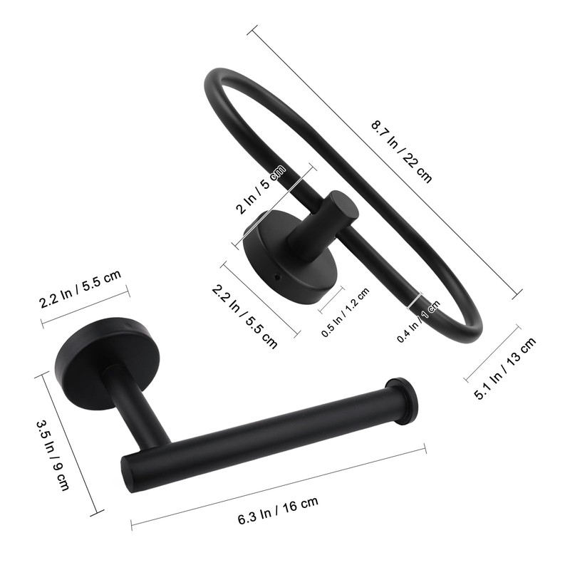 Black Towel Holder 2 Set - Towel Ring & Toilet
