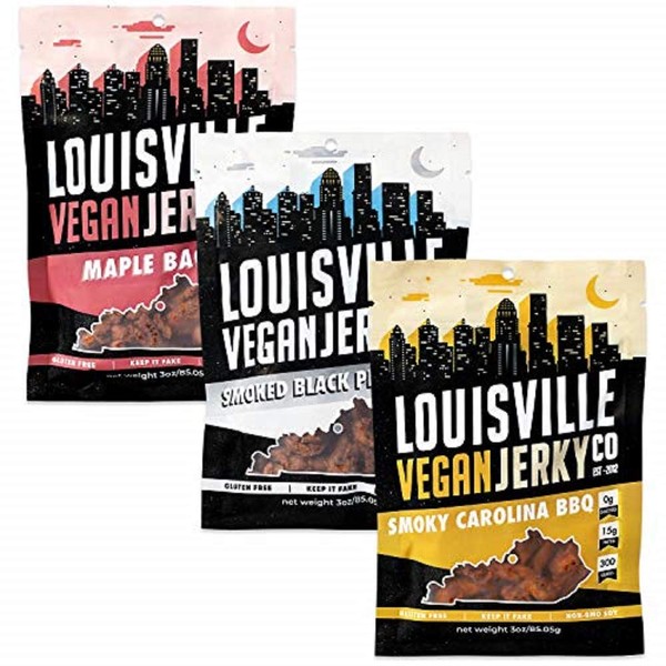 Louisville Vegan Jerky - Variety Pack, Vegetarian & Vegan-Friendly, 15-21 Grams of Protein, Gluten-Free Ingredients, Includes Smoked Black Pepper, Maple Bacon, & Smokey Carolina BBQ (3 oz, 3-Pack)