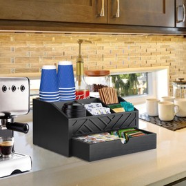 Coffee Bar Organizer with Drawer, Coffee Station Organizer for Countertop, Wood Coffee Bar Accessories Organizer for Coffee Bar Decor, Farmhouse Coffee Cup Pod Holder Condiment Organizer(Black)