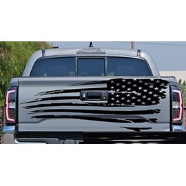 Tailgate American USA Flag Rear Door or Window Decal Sticker Car Truck Van Stickers fits Toyota Tacoma or Medium Size Pick up Truck or Jeep Auto or Cars. Reversed, Stars on The Right. - Black