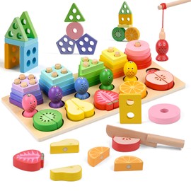 XiYee 3-in-1 Montessori Toy, Wooden Sorting & Stacking Toy Puzzle with 20 Geometric Building Kits, Magnetic Fishing Game, 3-in-1 Montessori Toy, Magnetic