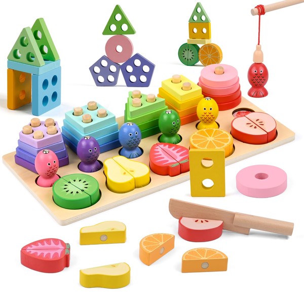 XiYee 3-in-1 Montessori Toy, Wooden Sorting & Stacking Toy Puzzle