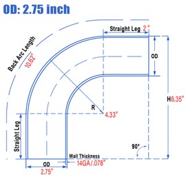 2.75 Inch 90 Degree Elbow Stainless Mandrel Bend Elbow - 2" Leg- 14GA/. 078" Wall - Thickned 2mm SS304 Stainless Steel Exhaust Piping Tip for Automotive Exhaust (OD: 2.75 ")