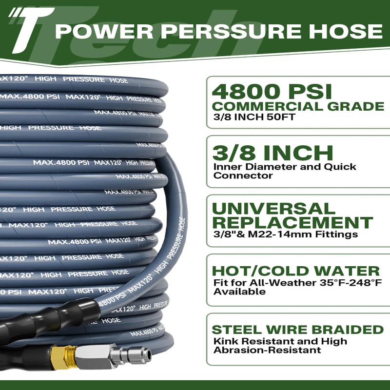 Unbranded 50FT 4800PSI Pressure Washer Hose 3/8" Wire Braided Kink