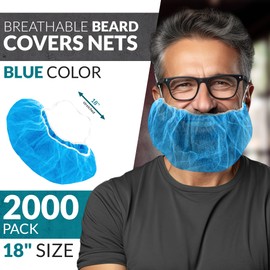 ABC Blue Disposable Beard Nets for Work, 18 Inch. Pack of 2000 Polypropylene Disposable Beard Covers for Men with Elastic Bands. Breathable Beard Covers Nets for Cooking, Cleaning and Food Service