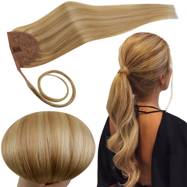 RUNATURE Real Hair Braid Extension, Long Ponytail, Real Hair, Golden Blonde with Light Blonde Real Hair Clip-In Braid Extensions, 55 cm, #16P24, 100 g