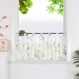 HeichkelL Net Curtain, Bistro Curtain with Leaves, Transparent Curtain, Short Curtains, Printed Panel Curtain with Loops, Green, H x W 45 x 90 cm