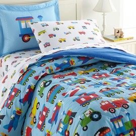 Wildkin Kids 100% Cotton Twin Comforter for Boys & Girls, Includes Lightweight Comforter and One Pillow Sham, Comforter for Kids Fits Standard Twin Mattress (Trains Planes & Trucks)