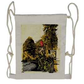 Ambesonne Motorcycle Drawstring Backpack, Girl on a Chopper, Sackpack Bag