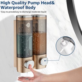 Shampoo and Conditioner Dispenser, modunful Shower Dispenser 2 Chamber No Drill Shampoo Dispenser for Shower Wall Mounted Shampoo Conditioner Body Wash Dispenser for Bathroom,Gold 2 Chamber
